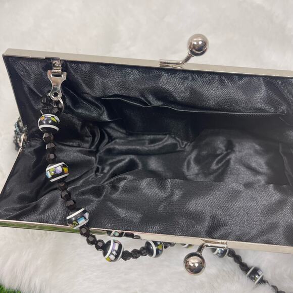 Black & Silver Beaded Evening Bag Sequin Beads Clutch - Picture 6 of 6